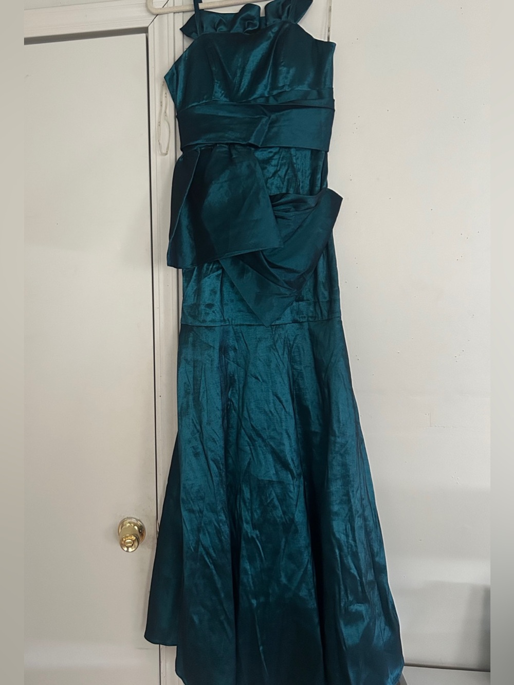 Teal Satin Formal Evening Gown with Sculpted Waist Bow